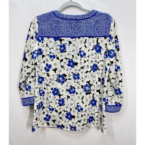 Talbots Floral 3/4 Sleeve Top Womens Small Blue White Notch Neck Popover Preppy - Picture 3 of 9